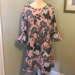 Nina Leonard Pink Floral Dress Bell Sleeves